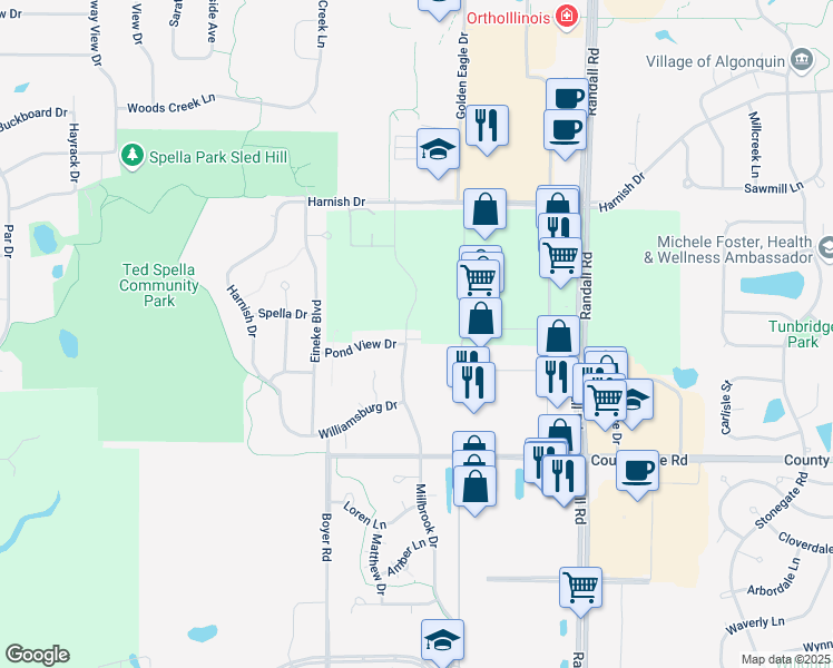 map of restaurants, bars, coffee shops, grocery stores, and more near 1405 Millbrook Drive in Algonquin