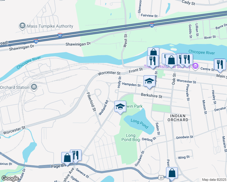 map of restaurants, bars, coffee shops, grocery stores, and more near 16 Holly Court in Springfield