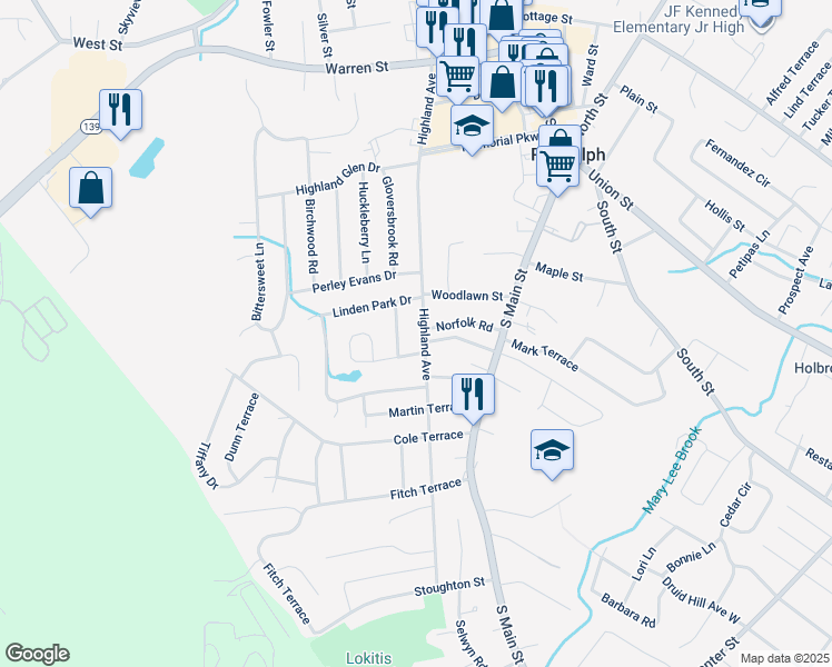 map of restaurants, bars, coffee shops, grocery stores, and more near 7 Turning Mill Lane in Randolph