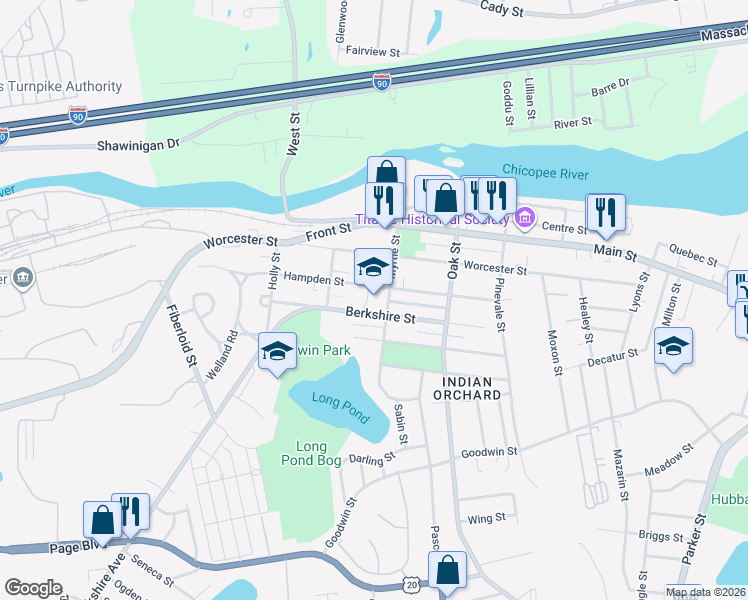 map of restaurants, bars, coffee shops, grocery stores, and more near 90 Berkshire Street in Springfield