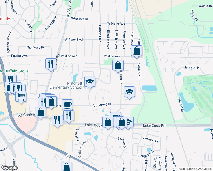 map of restaurants, bars, coffee shops, grocery stores, and more near 610 Buckthorn Terrace in Buffalo Grove
