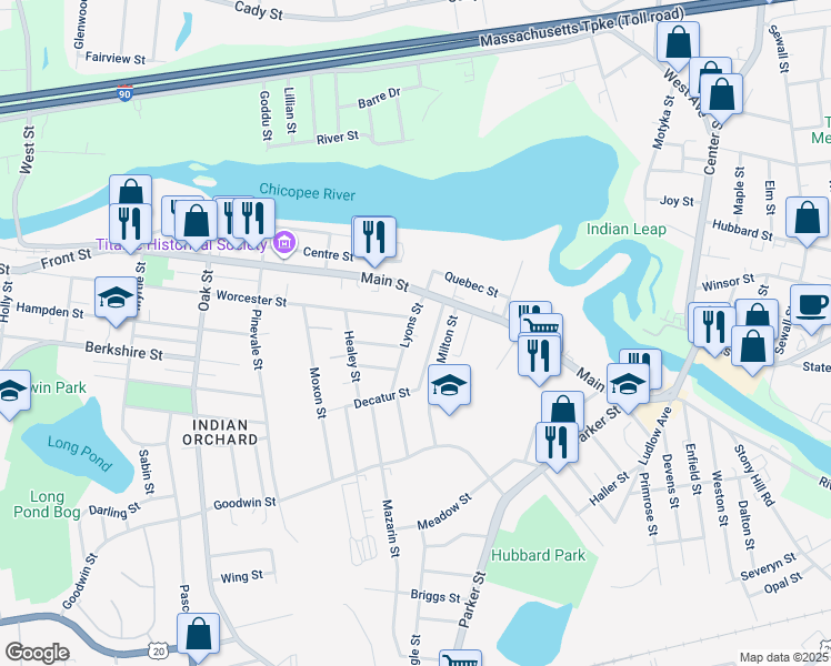map of restaurants, bars, coffee shops, grocery stores, and more near 57 Lyons Street in Springfield