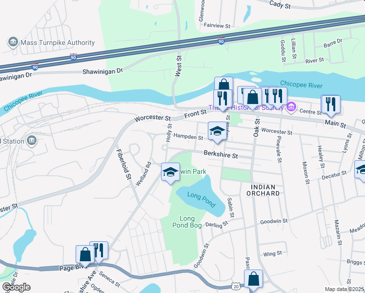 map of restaurants, bars, coffee shops, grocery stores, and more near 28 Berkshire Street in Springfield