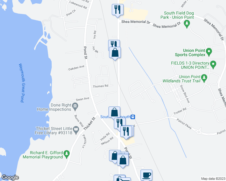 map of restaurants, bars, coffee shops, grocery stores, and more near 80 Barbara Lane in Weymouth