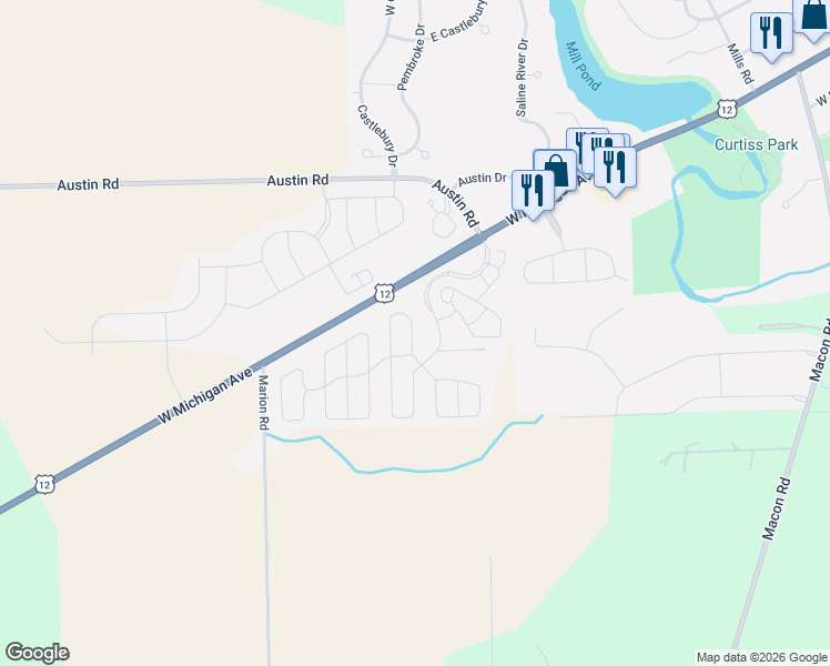 map of restaurants, bars, coffee shops, grocery stores, and more near 12 Ridgeway in Saline