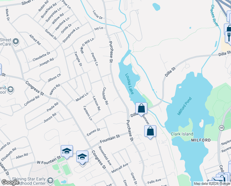 map of restaurants, bars, coffee shops, grocery stores, and more near 1 Overlook Circle in Milford