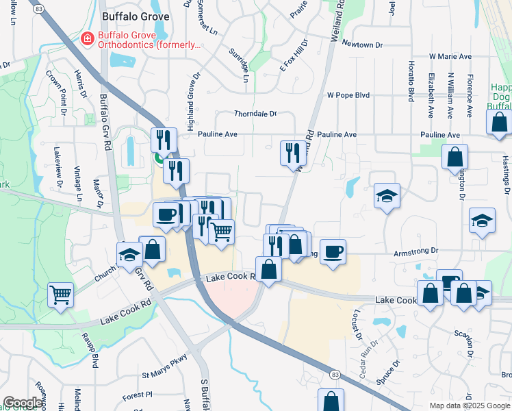 map of restaurants, bars, coffee shops, grocery stores, and more near 232 Woodstone Circle in Buffalo Grove