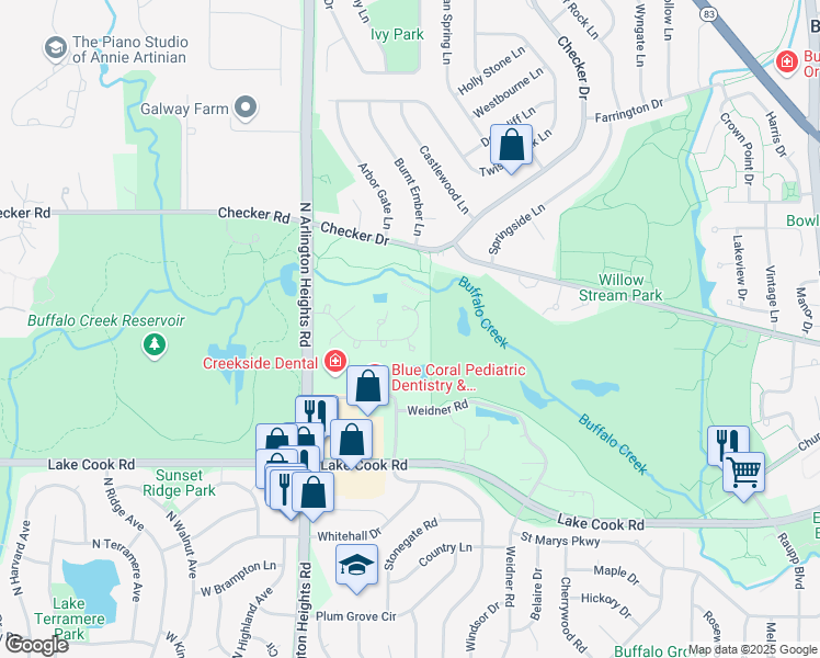 map of restaurants, bars, coffee shops, grocery stores, and more near 1046 Auburn Lane in Buffalo Grove