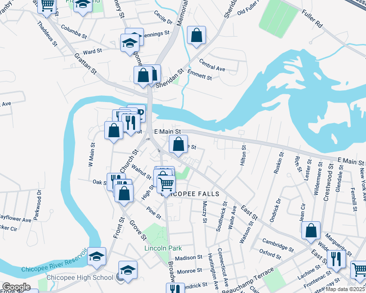 map of restaurants, bars, coffee shops, grocery stores, and more near 38 Maple Street in Chicopee