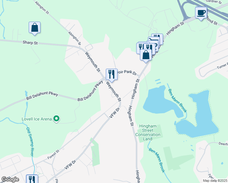 map of restaurants, bars, coffee shops, grocery stores, and more near 97 Weymouth Street in Rockland