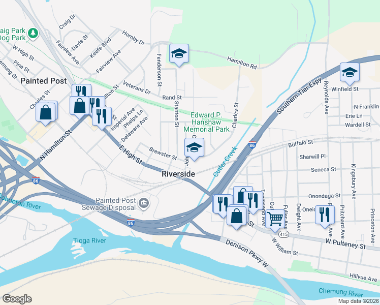 map of restaurants, bars, coffee shops, grocery stores, and more near 3 Charles Street in Painted Post
