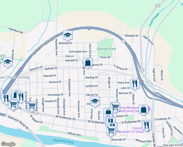 map of restaurants, bars, coffee shops, grocery stores, and more near 262 Flint Avenue in Corning
