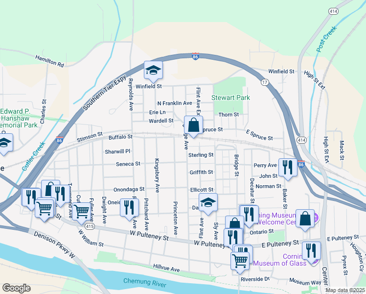 map of restaurants, bars, coffee shops, grocery stores, and more near 259 Dodge Ave in Corning