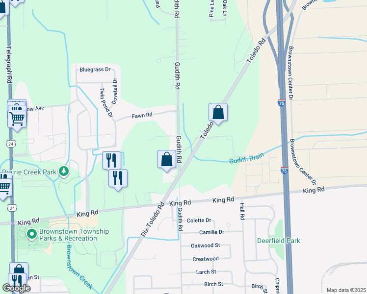 map of restaurants, bars, coffee shops, grocery stores, and more near 20543 Gudith Road in Brownstown Charter Township
