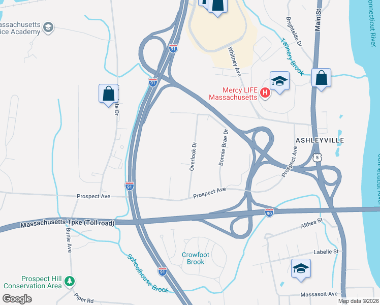 map of restaurants, bars, coffee shops, grocery stores, and more near 105 Overlook Drive in West Springfield