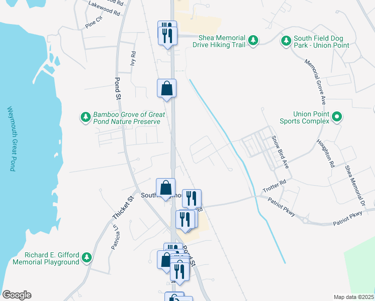 map of restaurants, bars, coffee shops, grocery stores, and more near 178 Stonehaven Drive in Weymouth