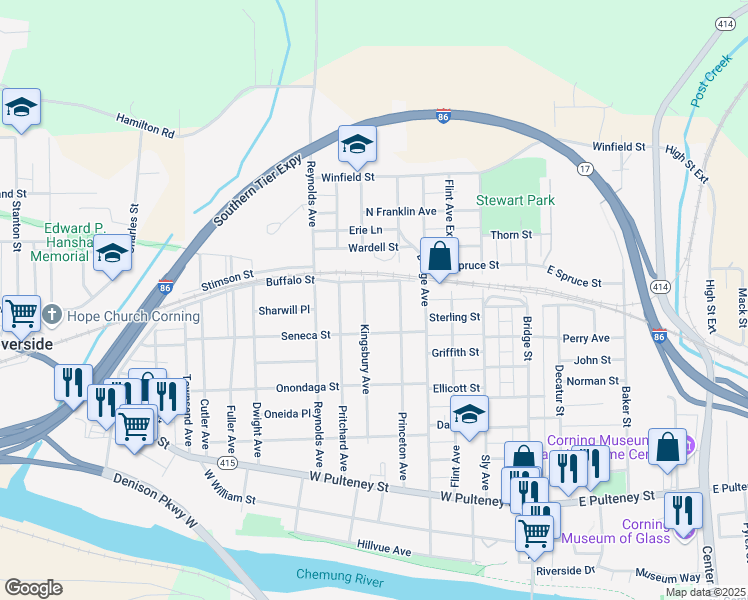map of restaurants, bars, coffee shops, grocery stores, and more near 229-231 Princeton Avenue in Corning