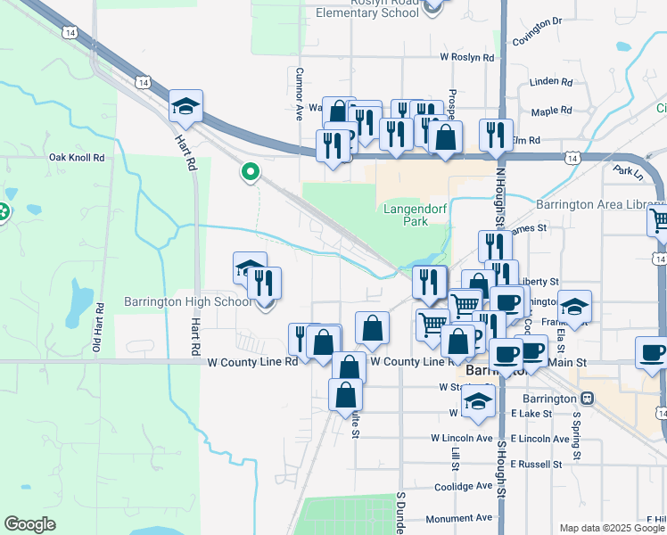 map of restaurants, bars, coffee shops, grocery stores, and more near 234 Raymond Avenue in Barrington