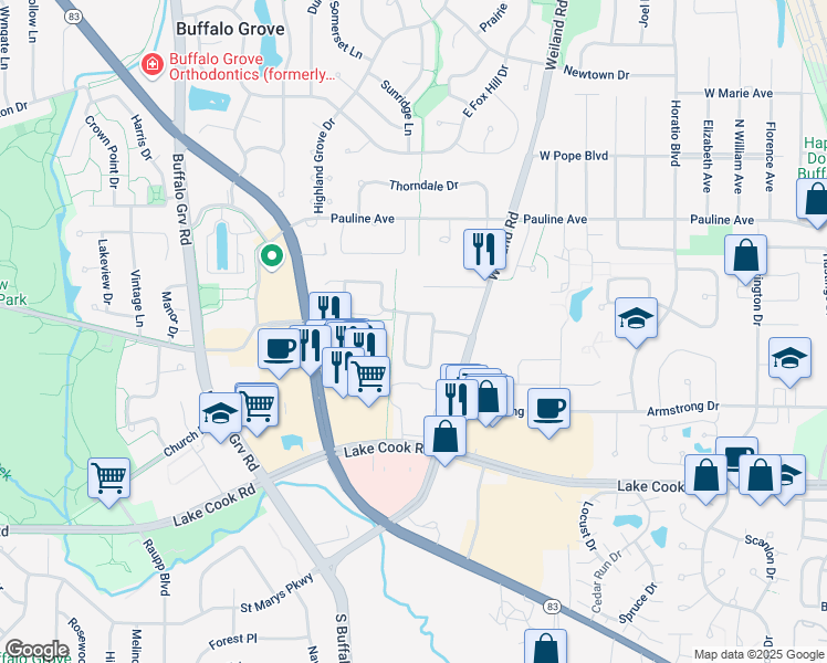 map of restaurants, bars, coffee shops, grocery stores, and more near 232 Woodstone Circle in Buffalo Grove