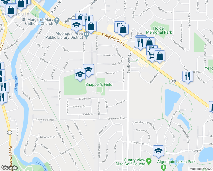 map of restaurants, bars, coffee shops, grocery stores, and more near 61 Alice St in Algonquin