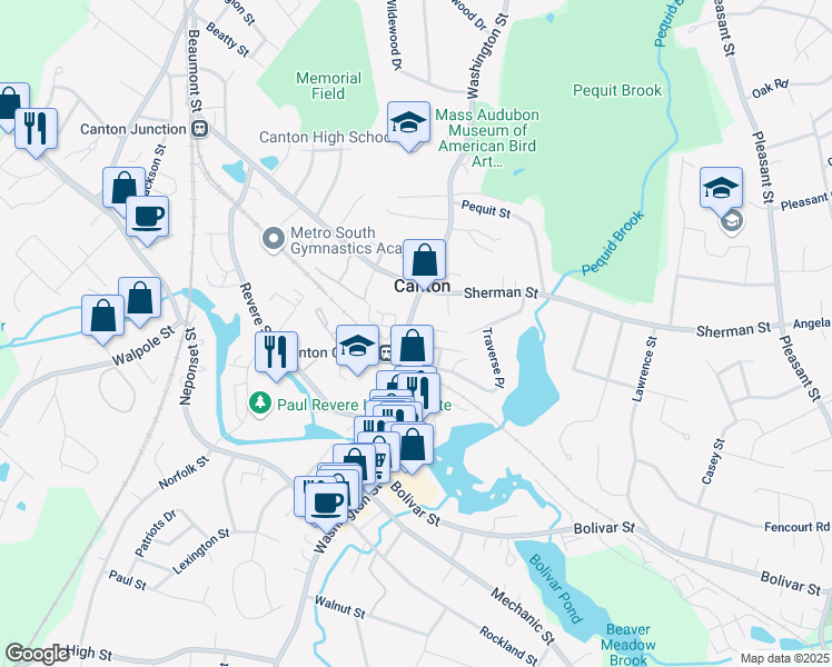 map of restaurants, bars, coffee shops, grocery stores, and more near 741 Washington Street in Canton