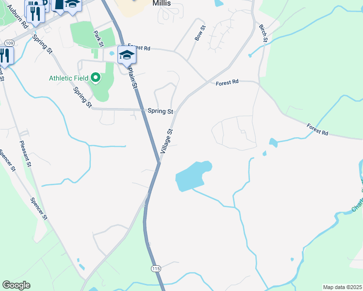 map of restaurants, bars, coffee shops, grocery stores, and more near 166 Village Street in Millis