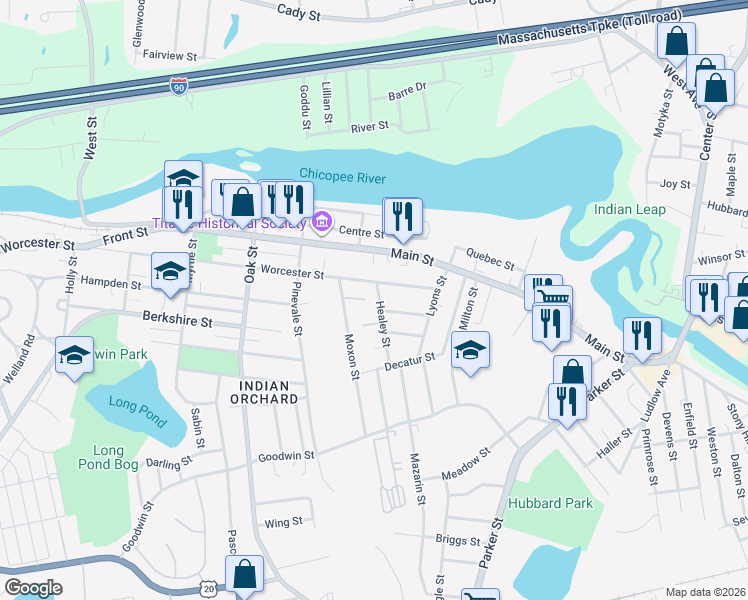 map of restaurants, bars, coffee shops, grocery stores, and more near 20-28 Healey Street in Springfield