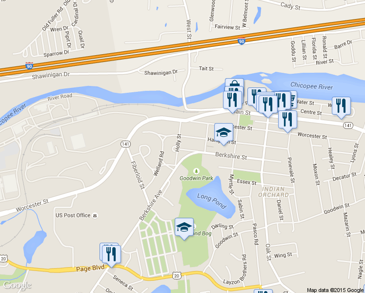 map of restaurants, bars, coffee shops, grocery stores, and more near 26 Berkshire Street in Springfield