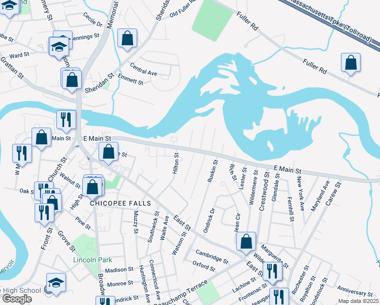 map of restaurants, bars, coffee shops, grocery stores, and more near 372 East Main Street in Chicopee