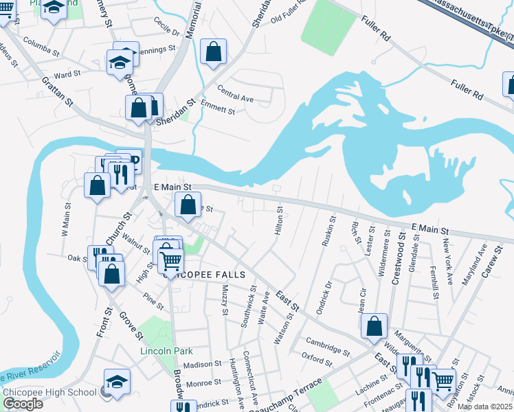 map of restaurants, bars, coffee shops, grocery stores, and more near 336 East Main Street in Chicopee