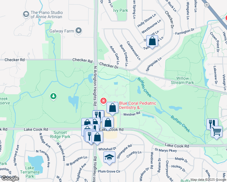 map of restaurants, bars, coffee shops, grocery stores, and more near 262 Appletree Court in Buffalo Grove