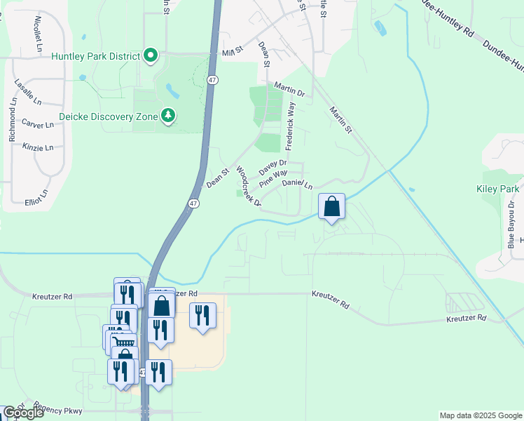 map of restaurants, bars, coffee shops, grocery stores, and more near 11709 Woodcreek Drive South in Huntley