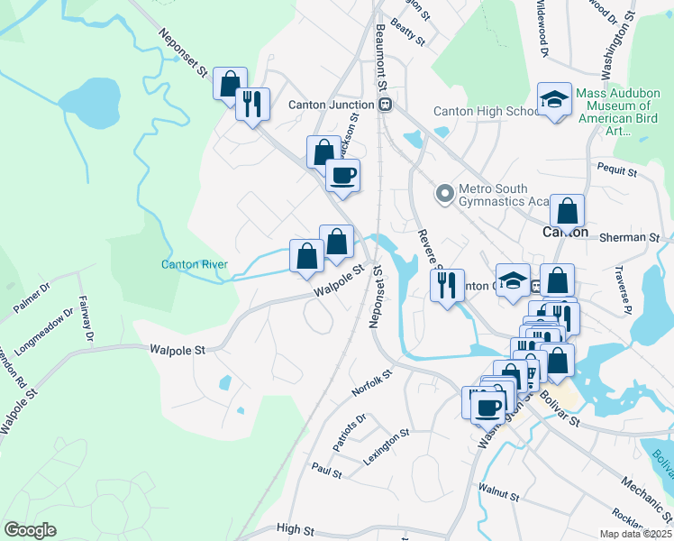 map of restaurants, bars, coffee shops, grocery stores, and more near 59 Walpole Street in Canton