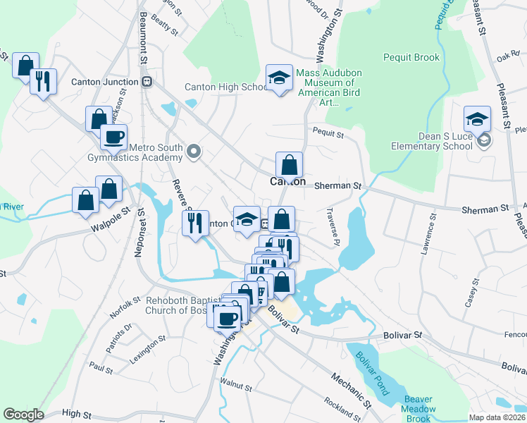 map of restaurants, bars, coffee shops, grocery stores, and more near 20 Maple Street in Canton