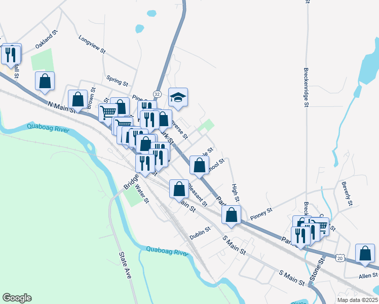 map of restaurants, bars, coffee shops, grocery stores, and more near 1057 Central Street in Palmer