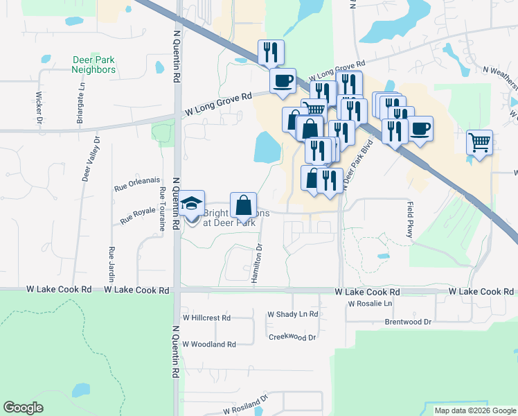 map of restaurants, bars, coffee shops, grocery stores, and more near West Field Parkway in Deer Park