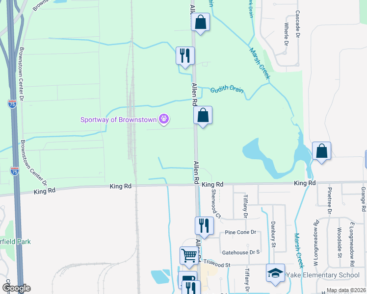 map of restaurants, bars, coffee shops, grocery stores, and more near 20344-20820 Allen Road in Brownstown Charter Township