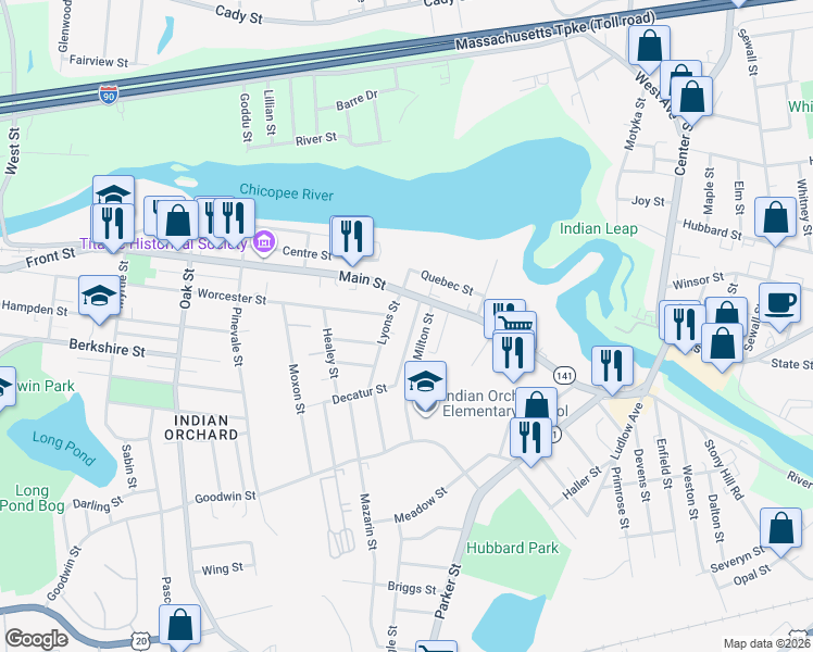 map of restaurants, bars, coffee shops, grocery stores, and more near 26 Montgomery Street in Springfield