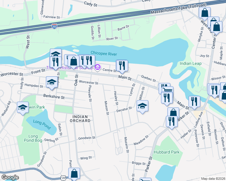map of restaurants, bars, coffee shops, grocery stores, and more near 20-28 Healey Street in Springfield