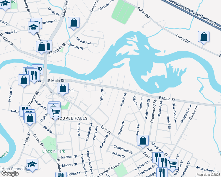 map of restaurants, bars, coffee shops, grocery stores, and more near 382 East Main Street in Chicopee