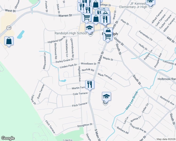 map of restaurants, bars, coffee shops, grocery stores, and more near 18 Norfolk Road in Randolph