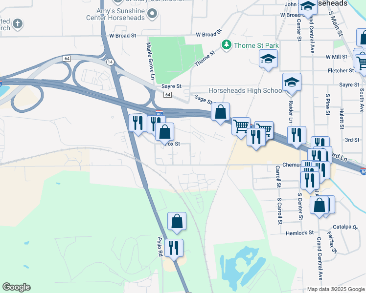 map of restaurants, bars, coffee shops, grocery stores, and more near 709 Fox St in Horseheads