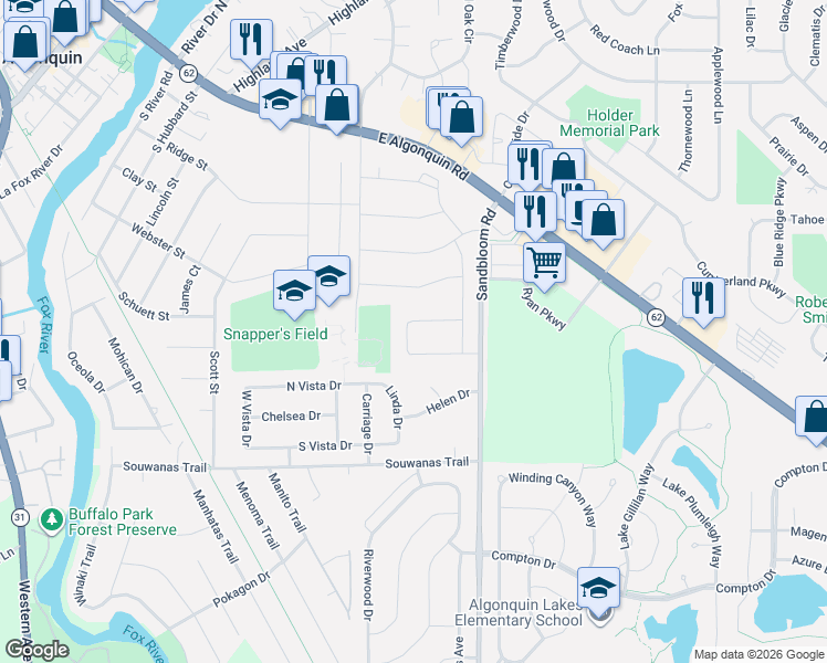 map of restaurants, bars, coffee shops, grocery stores, and more near 13 Sunrise Lane in Algonquin