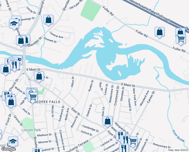 map of restaurants, bars, coffee shops, grocery stores, and more near 24 Sterling Street in Chicopee