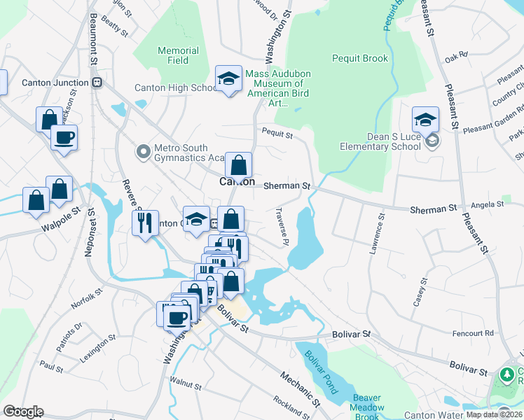 map of restaurants, bars, coffee shops, grocery stores, and more near 9 Curtis Circle in Canton