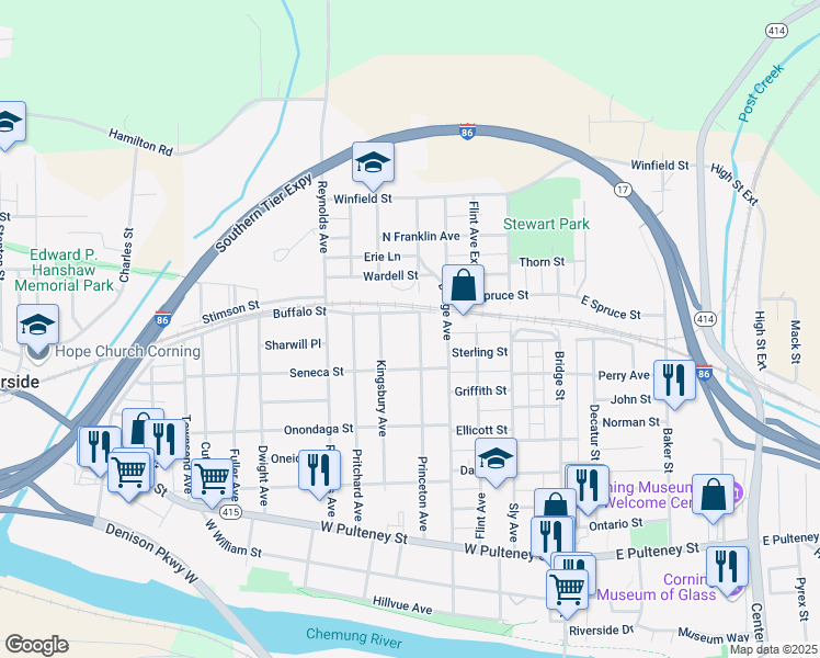 map of restaurants, bars, coffee shops, grocery stores, and more near 229-231 Princeton Avenue in Corning