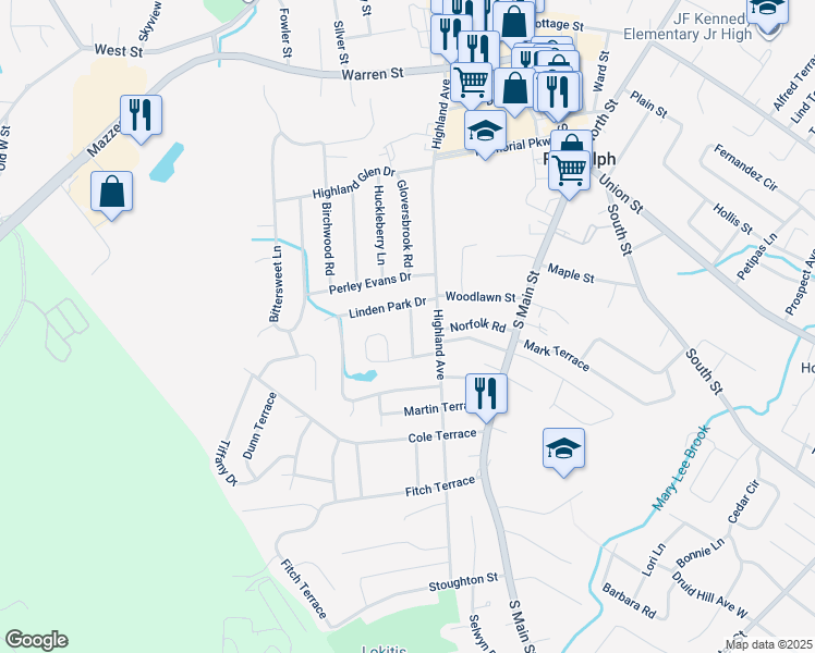 map of restaurants, bars, coffee shops, grocery stores, and more near 7 Turning Mill Lane in Randolph