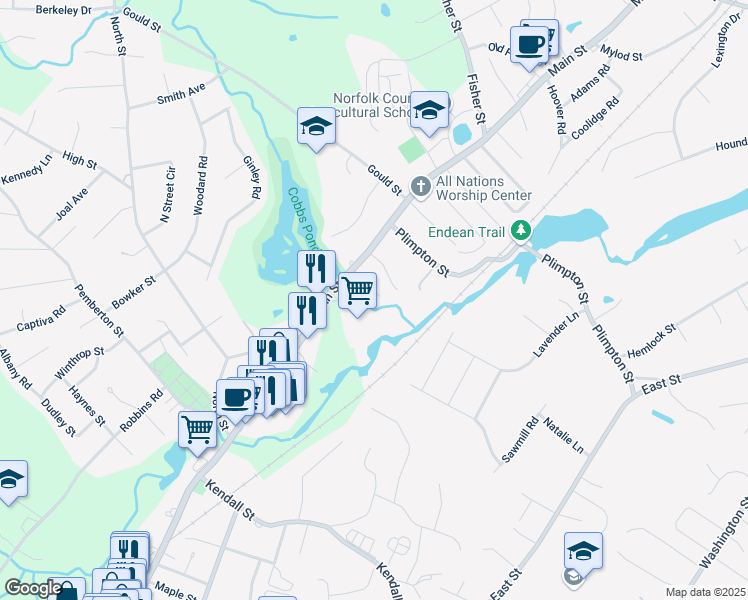 map of restaurants, bars, coffee shops, grocery stores, and more near 11-21 Sherwood Drive in Walpole