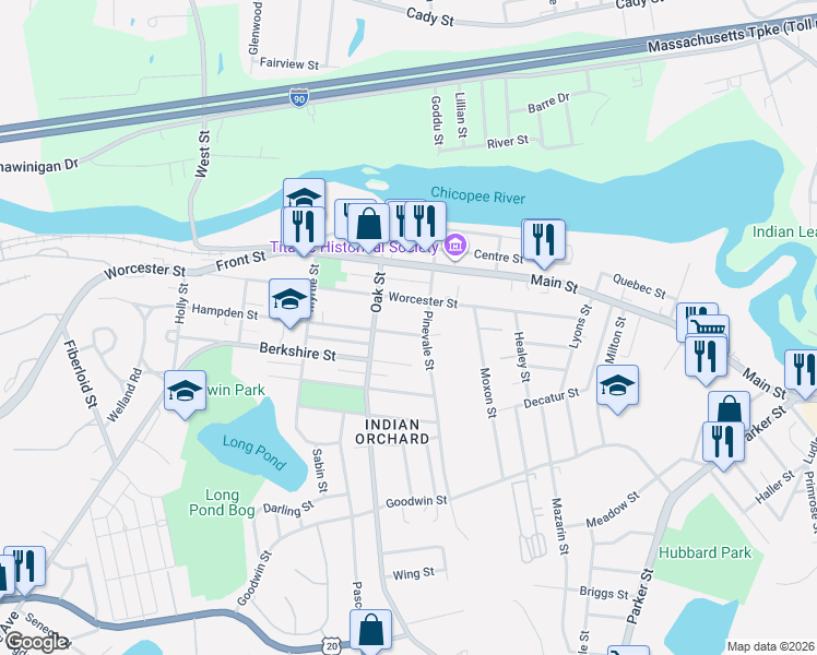 map of restaurants, bars, coffee shops, grocery stores, and more near 169 Hampden Street in Springfield