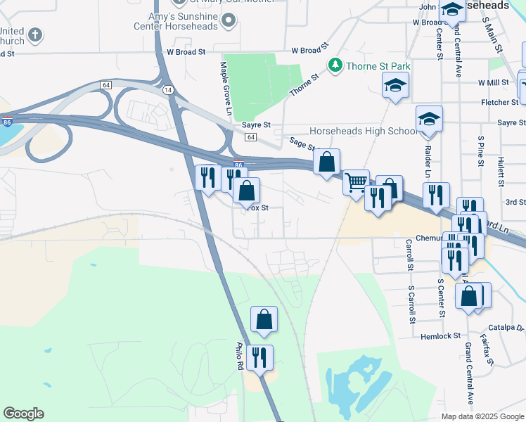 map of restaurants, bars, coffee shops, grocery stores, and more near 709 Fox St in Horseheads